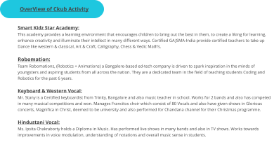 OverView of Ckub Activity Smart Kidz Star Academy:  This academy provides a learning environment that encourages children to bring out the best in them, to create a liking for learning, enhance creativity and illuminate their intellect in many different ways. Certified GAJSMA-India provide certified teachers to take up Dance like western & classical, Art & Craft, Calligraphy, Chess & Vedic Math’s.  Robomation:  Team Robomations, (Robotics + Animations) a Bangalore-based ed-tech company is driven to spark inspiration in the minds of youngsters and aspiring students from all across the nation. They are a dedicated team in the field of teaching students Coding and Robotics for the past 6 years.                                                                                                 Keyboard & Western Vocal:  Mr. Stany is a Certified keyboardist from Trinity, Bangalore and also music teacher in school. Works for 2 bands and also has competed in many musical competitions and won. Manages Francitos choir which consist of 80 Vocals and also have given shows in Glorious concerts, Magnifica in Christ, deemed to be university and also performed for Chandana channel for their Christmas programme.  Hindustani Vocal:  Ms. Ipsita Chakraborty holds a Diploma in Music. Has performed live shows in many bands and also in TV shows. Works towards improvements in voice modulation, understanding of notations and overall music sense in students.